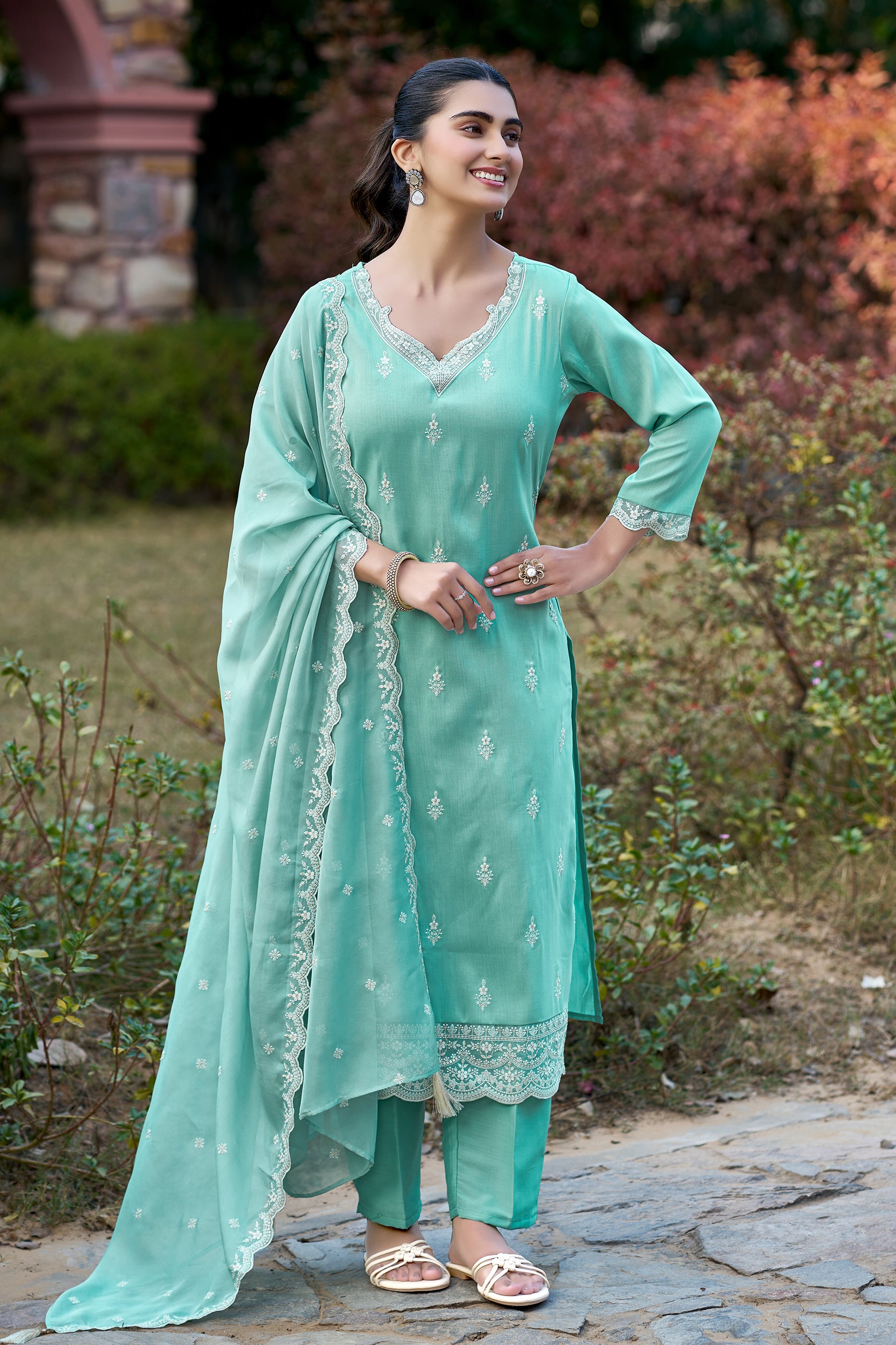 Mint Embroidered Chinon Straight Kurta with Dupatta Set