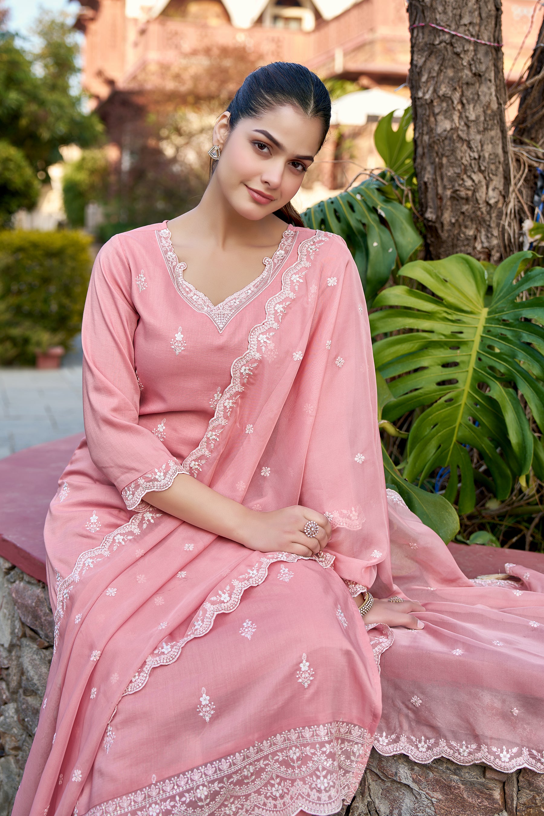 Peach Embroidered Chinon Straight Kurta with Dupatta Set