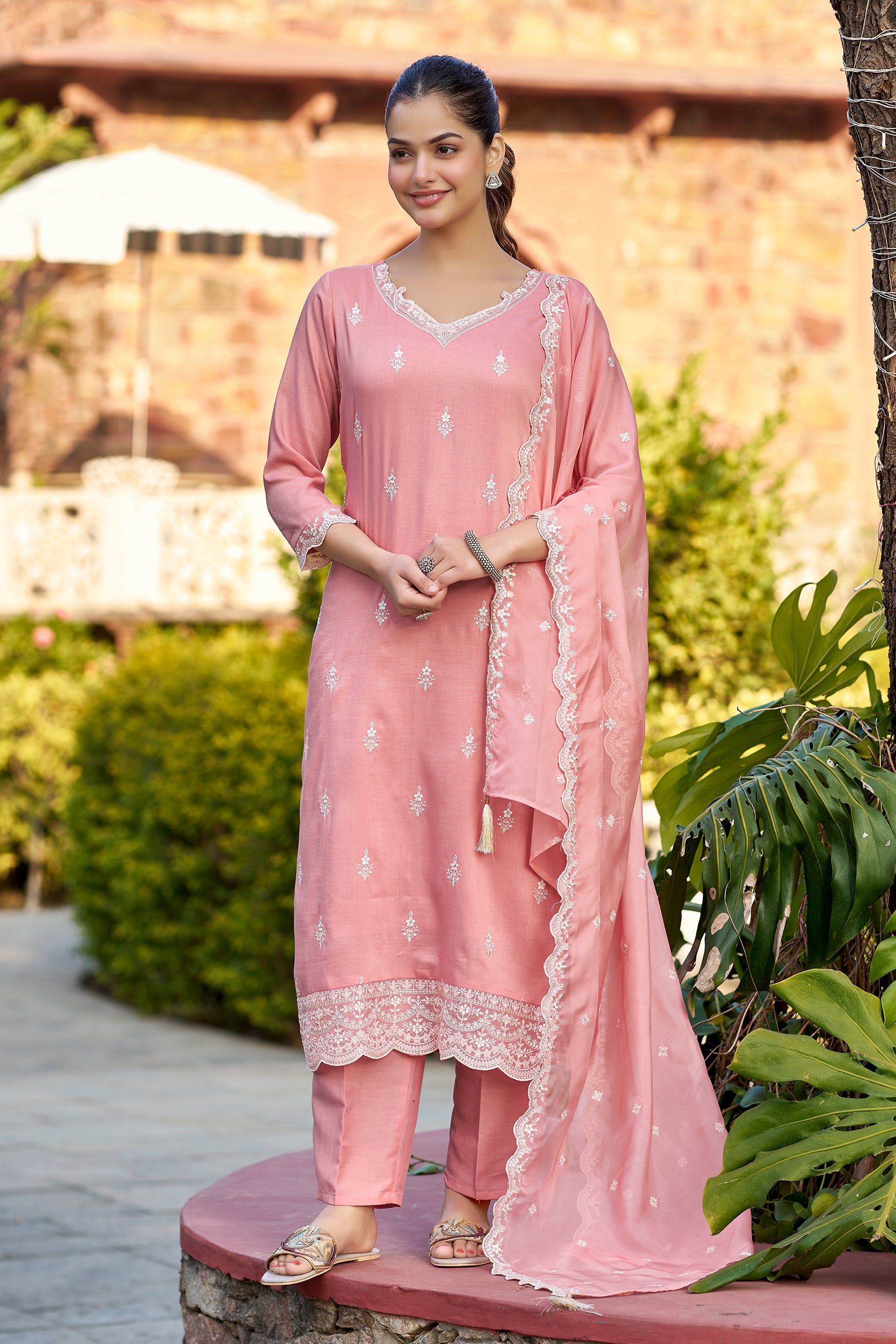 Peach Embroidered Chinon Straight Kurta with Dupatta Set