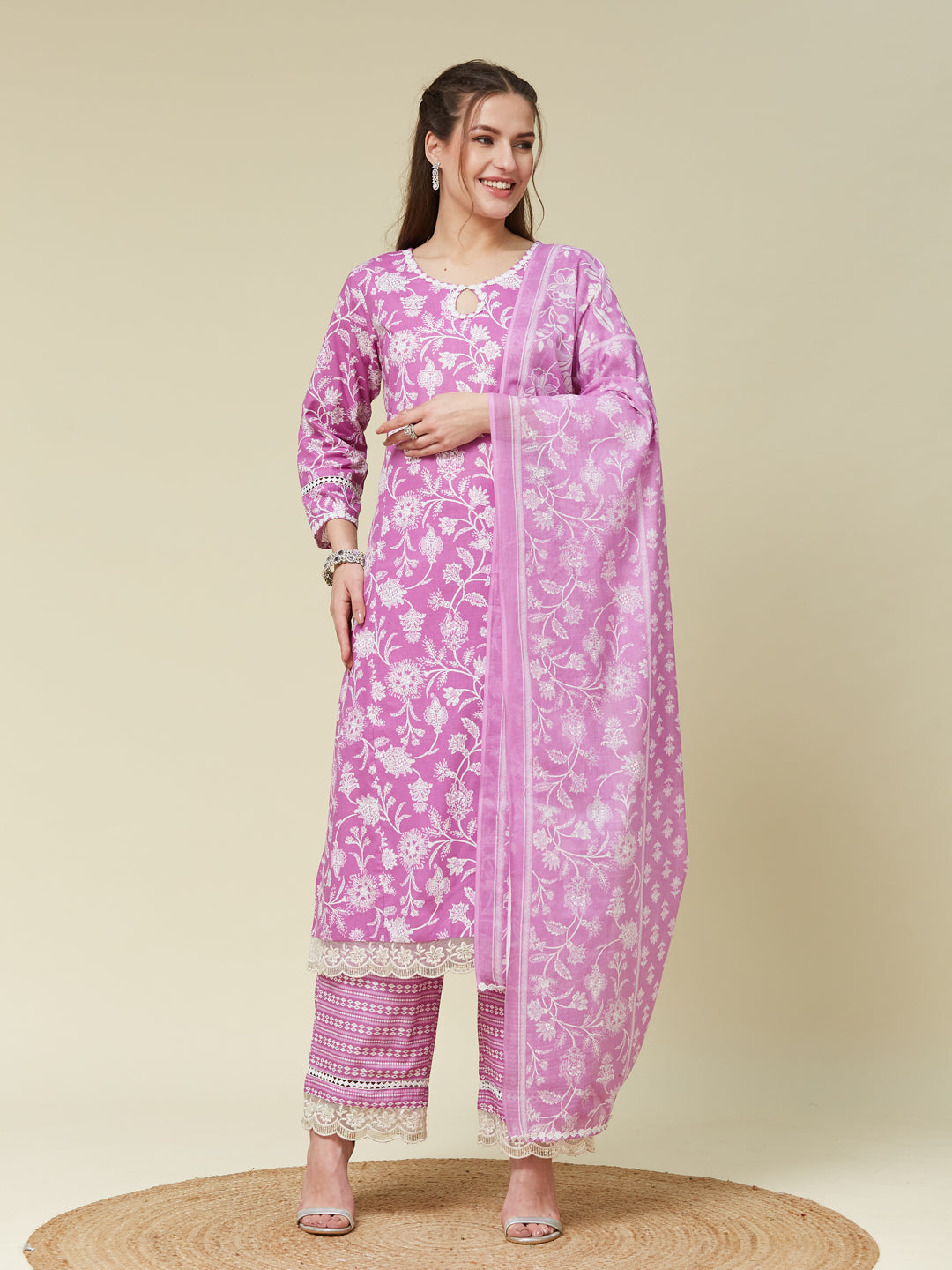 Purple Printed Cotton Straight Kurta With Pent & Dupatta