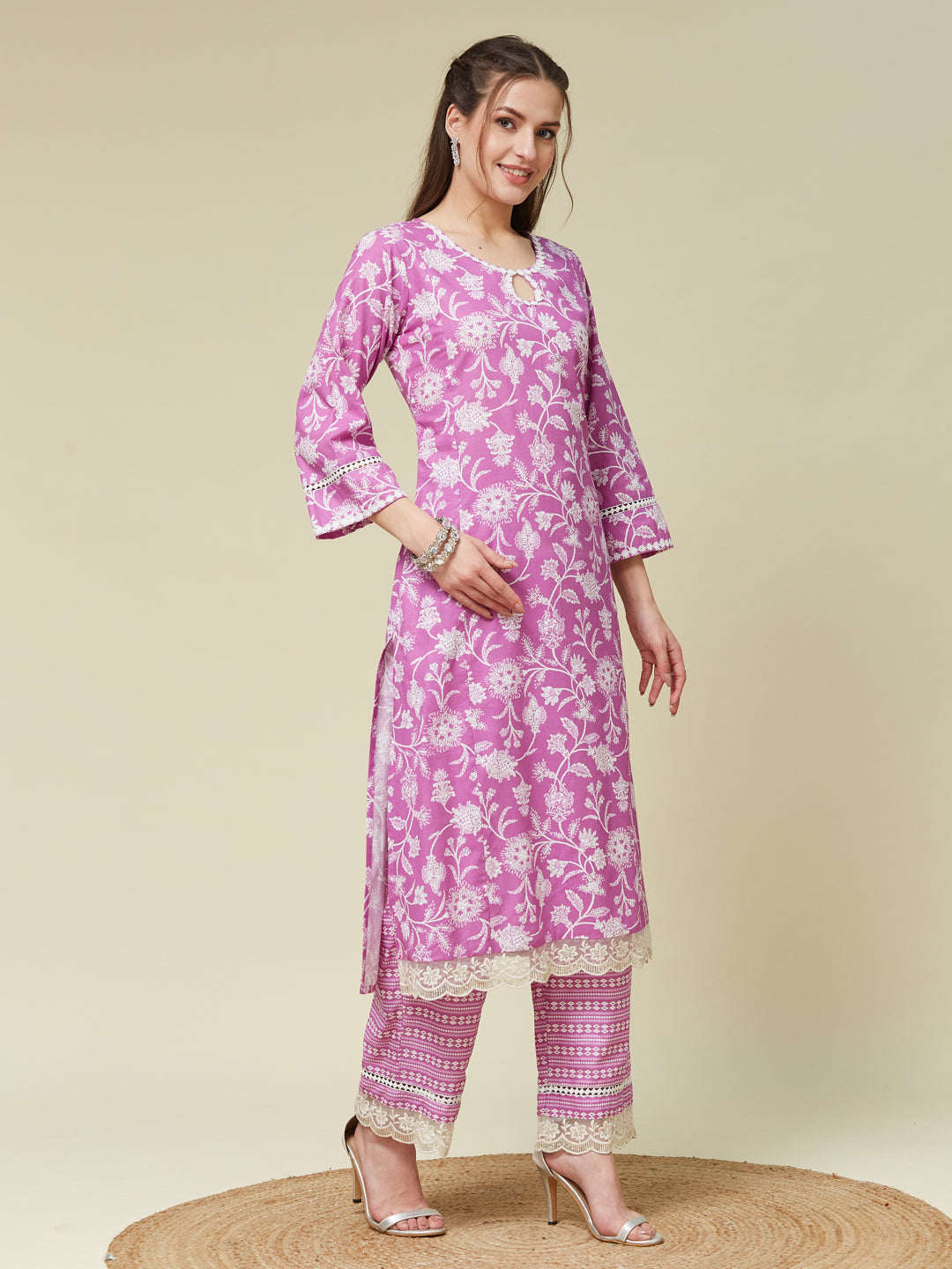 Purple Printed Cotton Straight Kurta With Pent & Dupatta