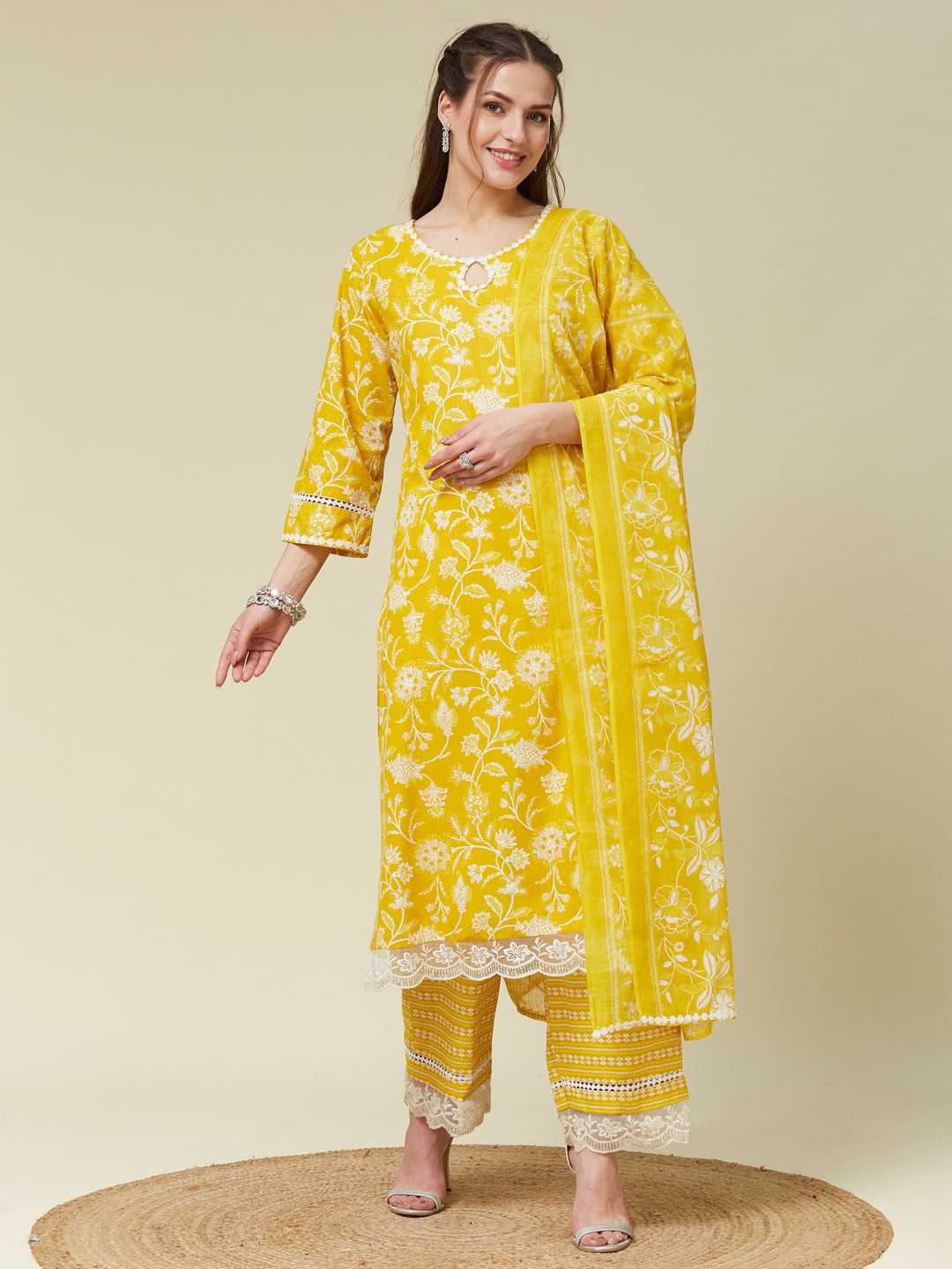 Yellow Printed Cotton Straight Kurta With Pent & Dupatta