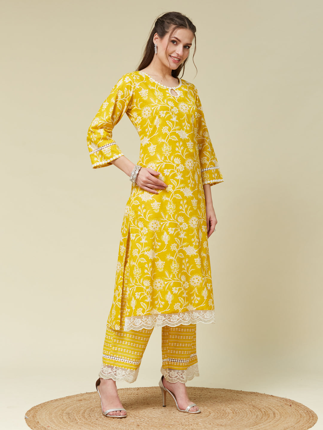 Yellow Printed Cotton Straight Kurta With Pent & Dupatta