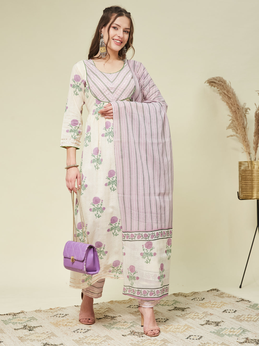 Purple Handwork Cotton printed Anarkali With Dupatta Set