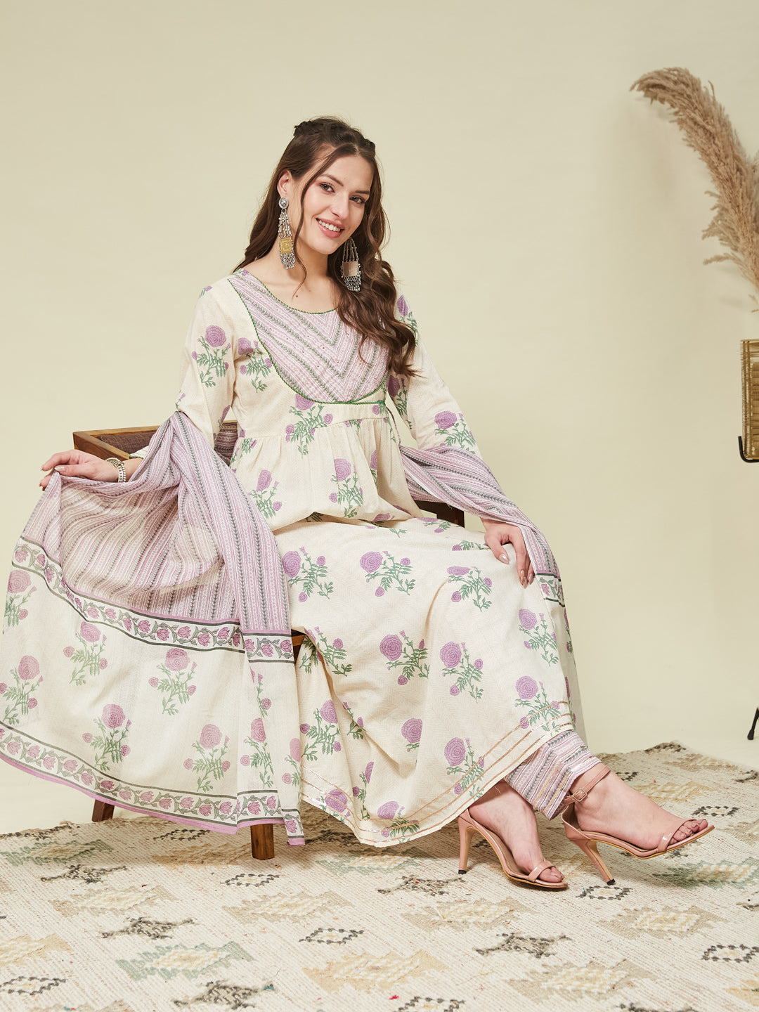 Purple Handwork Cotton printed Anarkali With Dupatta Set