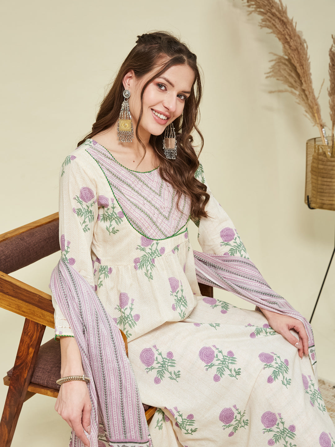 Purple Handwork Cotton printed Anarkali With Dupatta Set