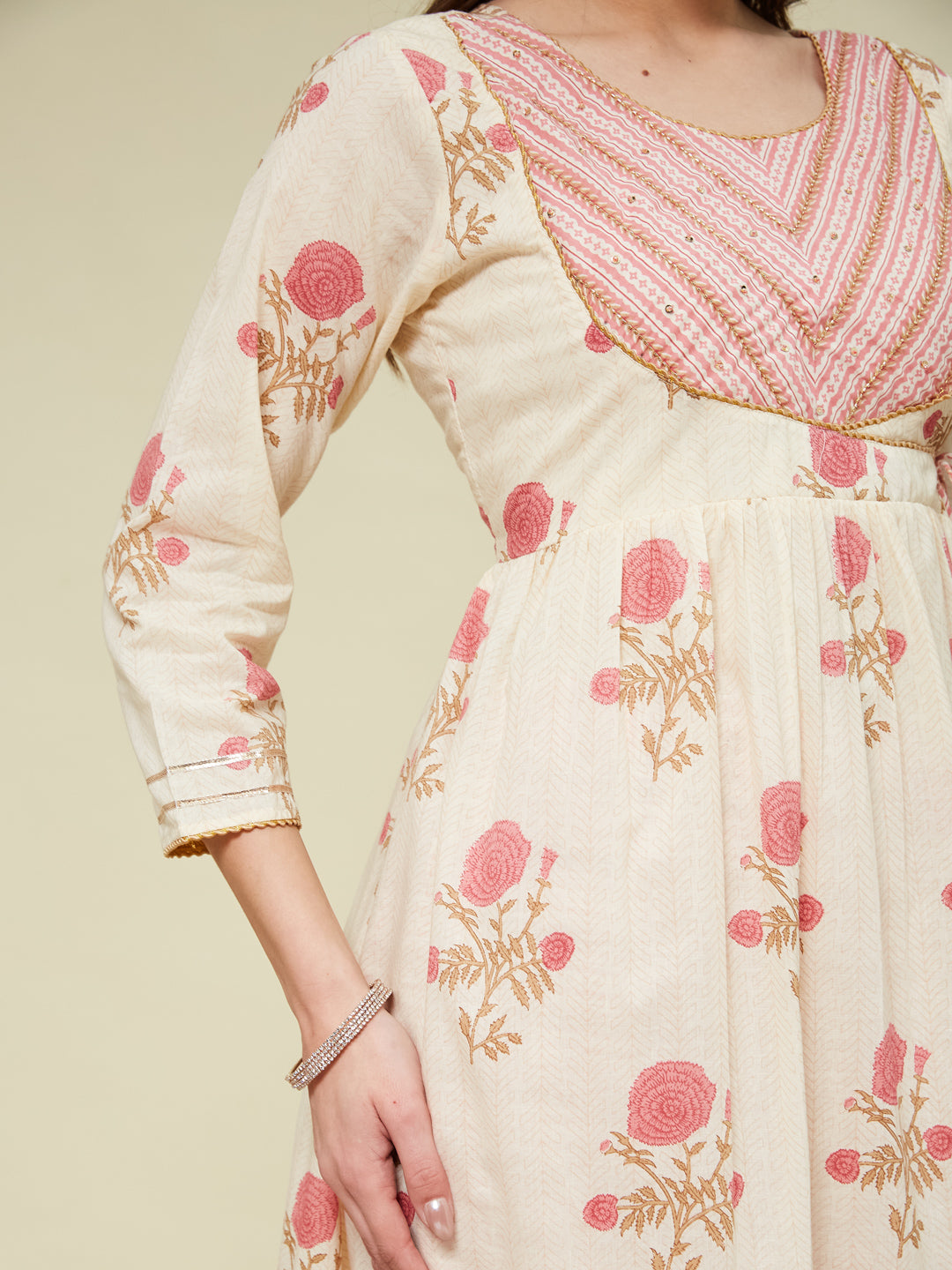 Pink Handwork Cotton printed Anarkali With Dupatta Set