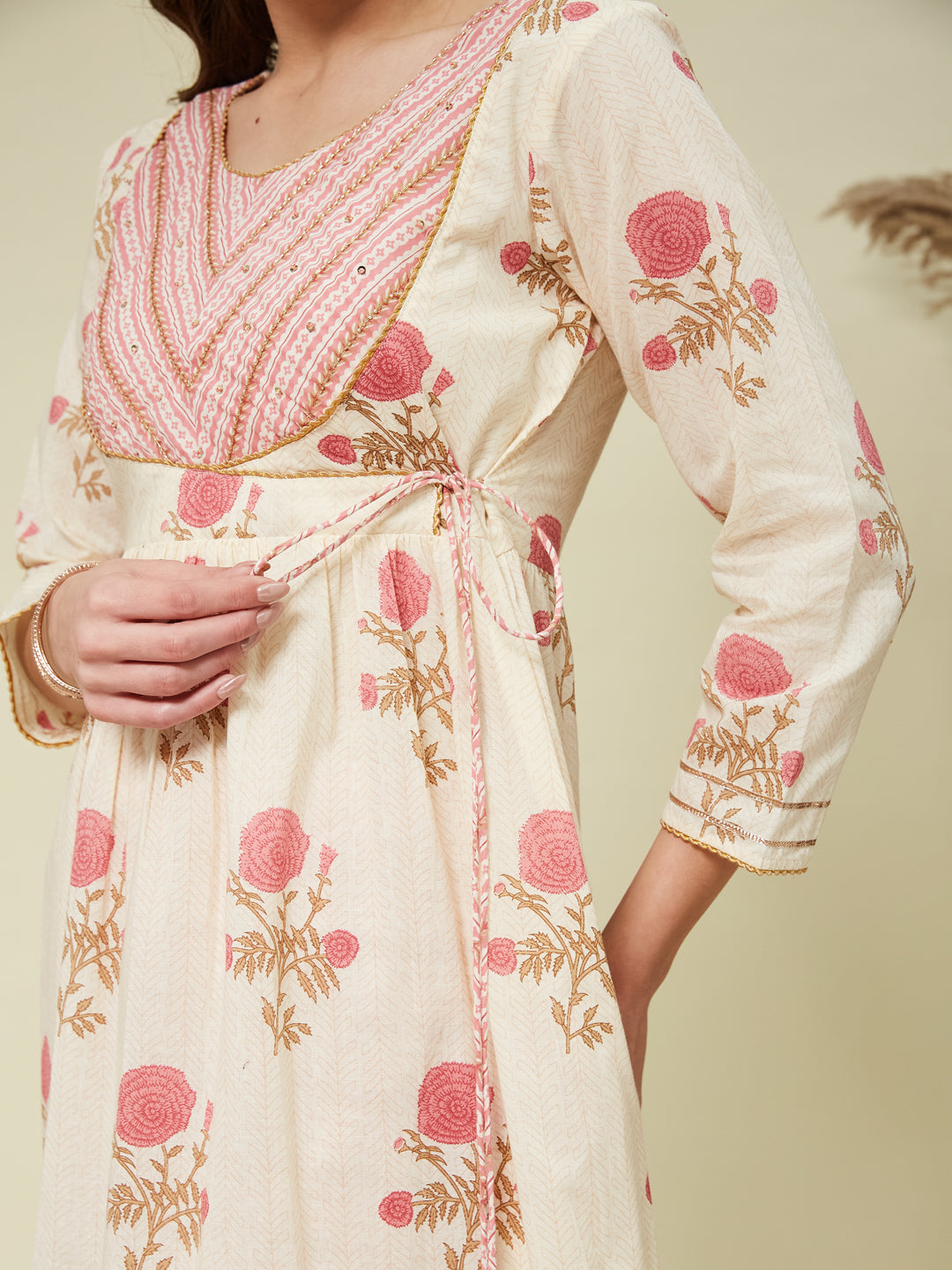 Pink Handwork Cotton printed Anarkali With Dupatta Set