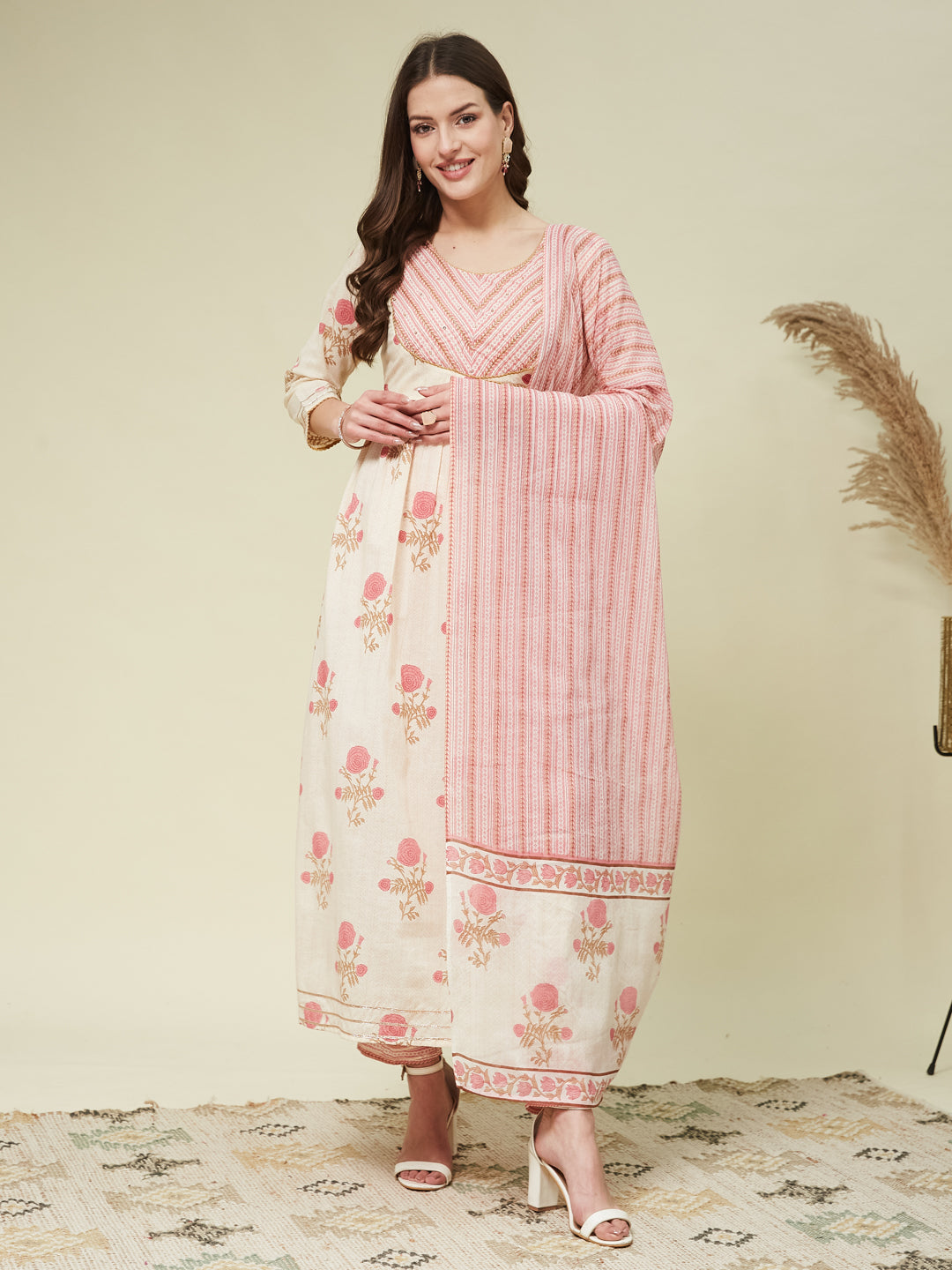 Pink Handwork Cotton printed Anarkali With Dupatta Set