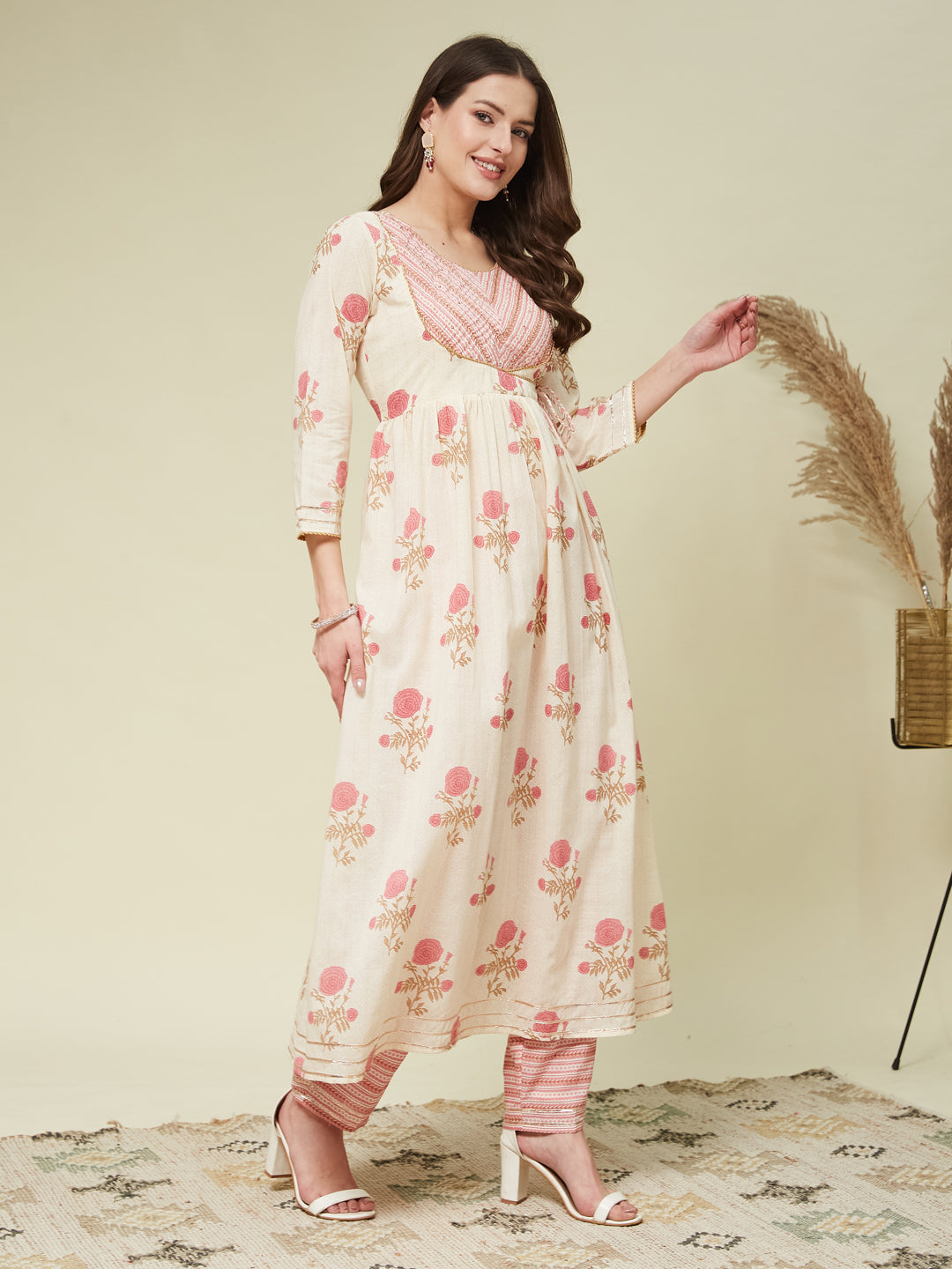Pink Handwork Cotton printed Anarkali With Dupatta Set