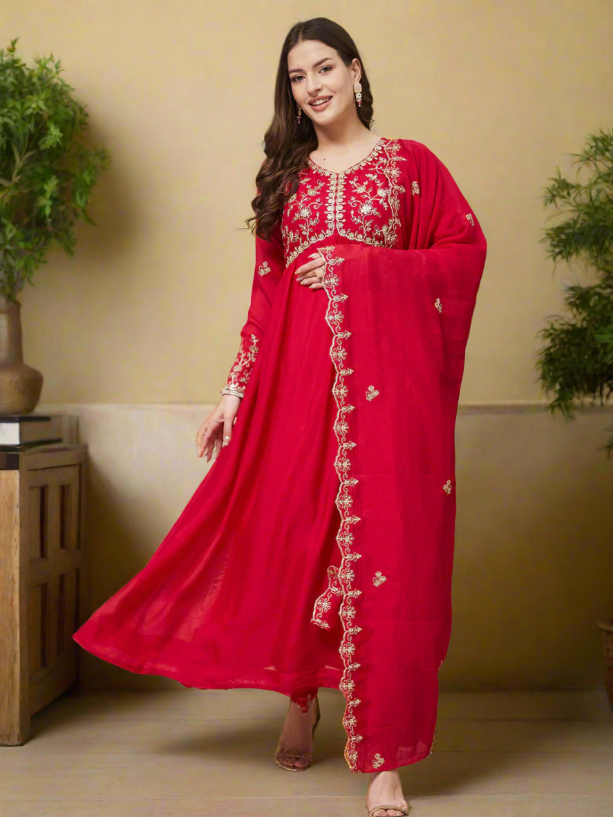 Rani Embroidered Silk Blend Anarkali Kurta With Dupatta Set