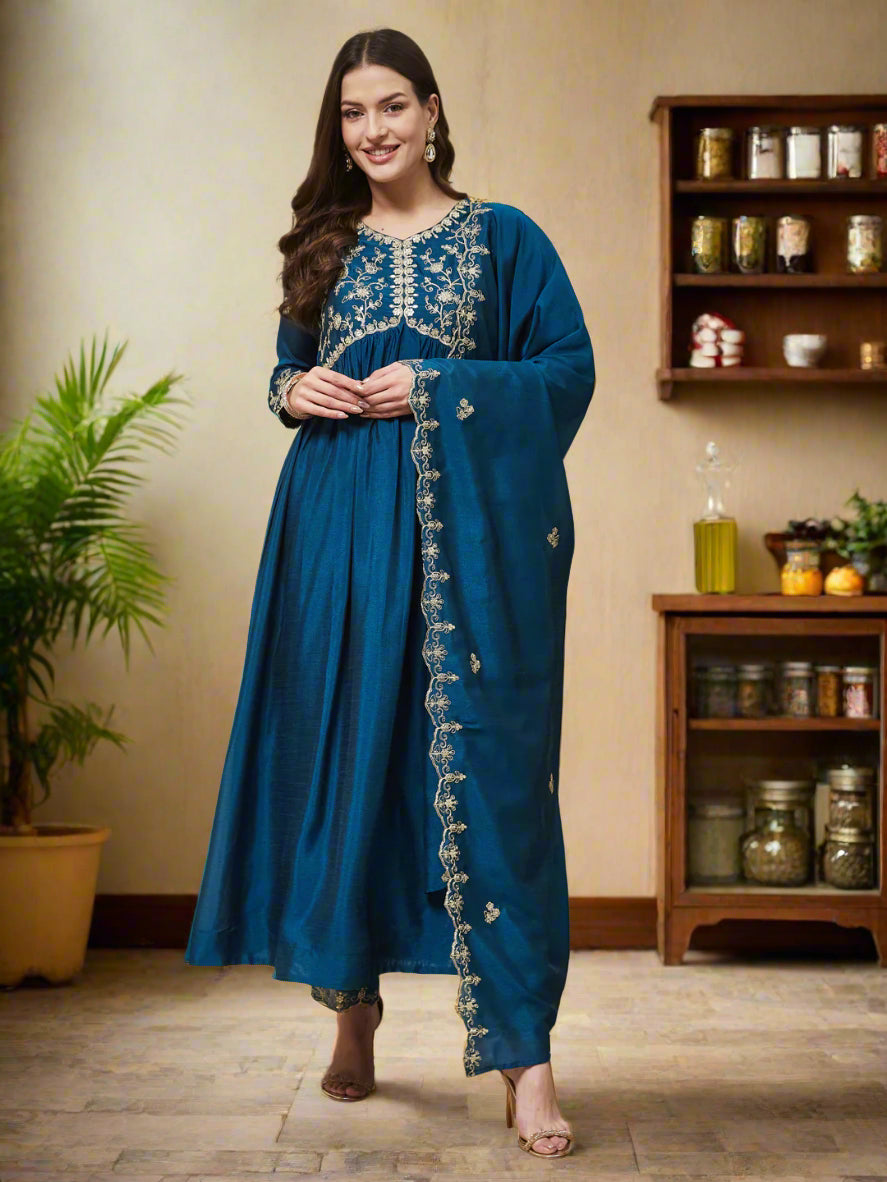 Teal Blue Embroidered Silk Blend Anarkali Kurta With Dupatta Set