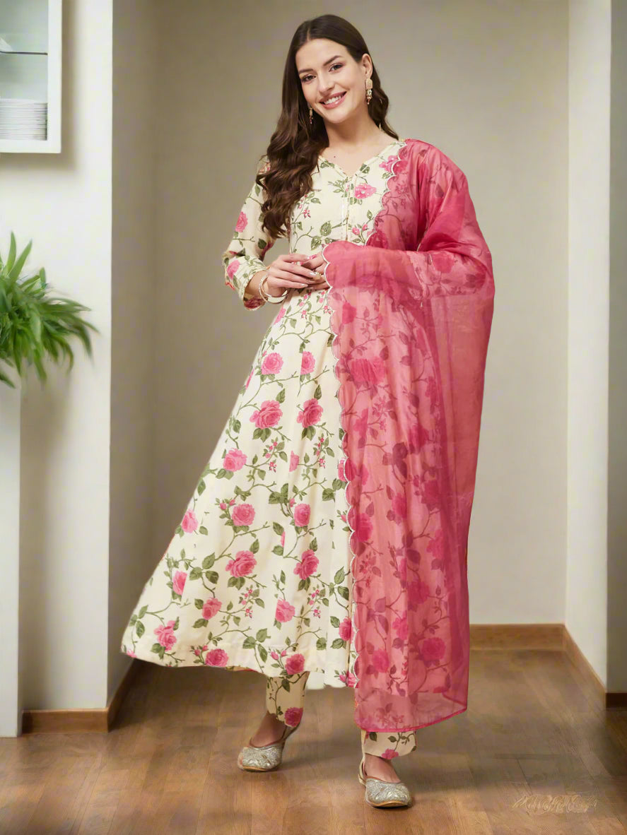 Pink Cotton Printed Anarkali With Dupatta set