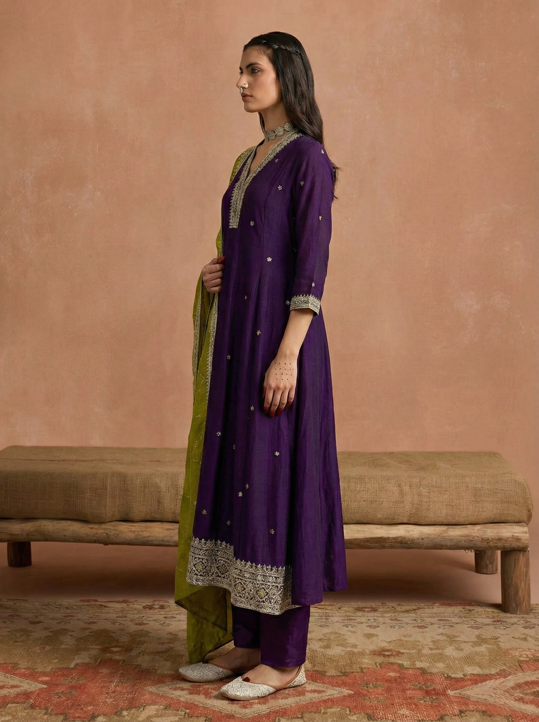 Violet Embroidered Silk Anarkali Kurta With Dupatta Set