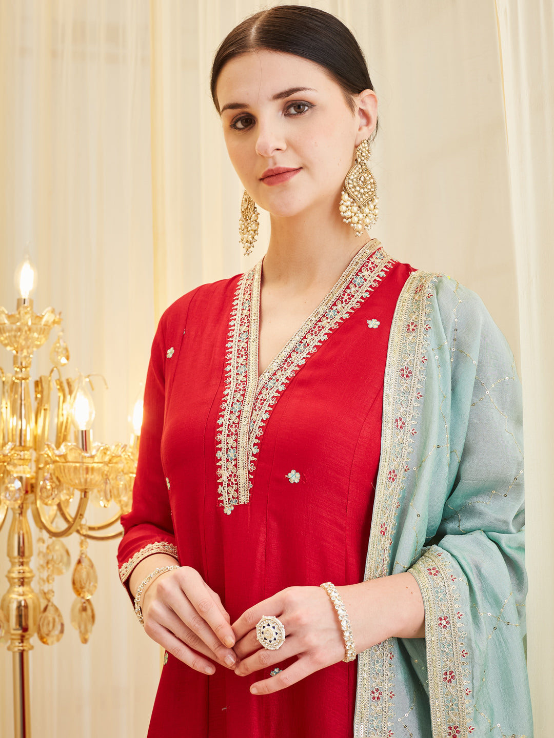 Red Embroidered Ethnic Silk Anarkali Set with Dupatta for Women