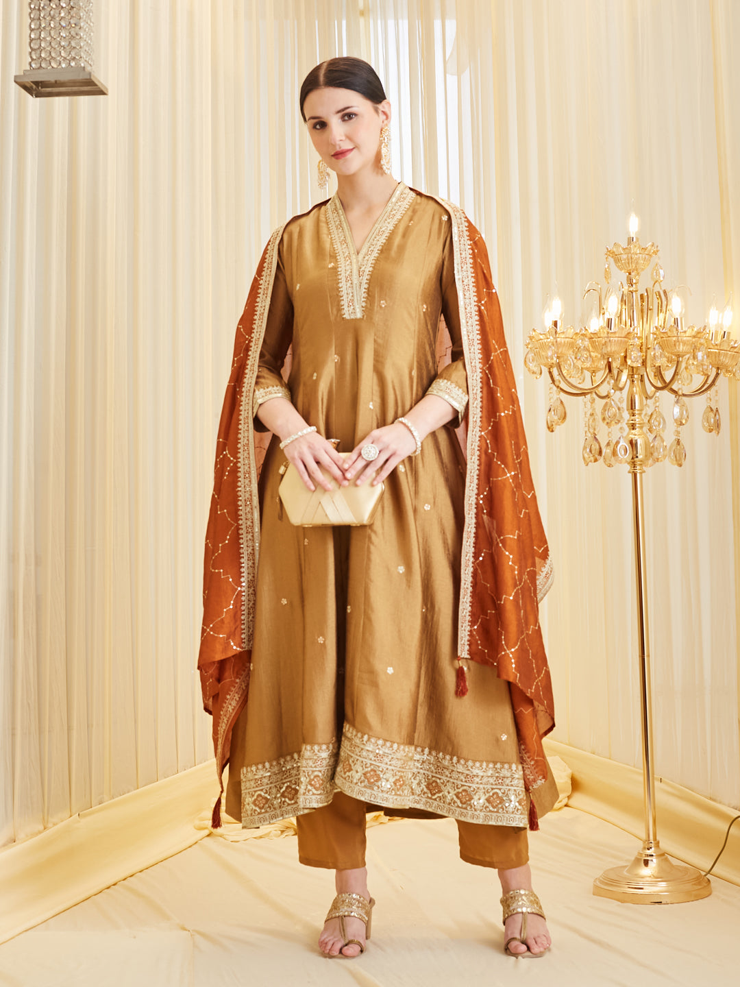 Golden Embroidered Silk Anarkali Suit Set With Dupatta for Women