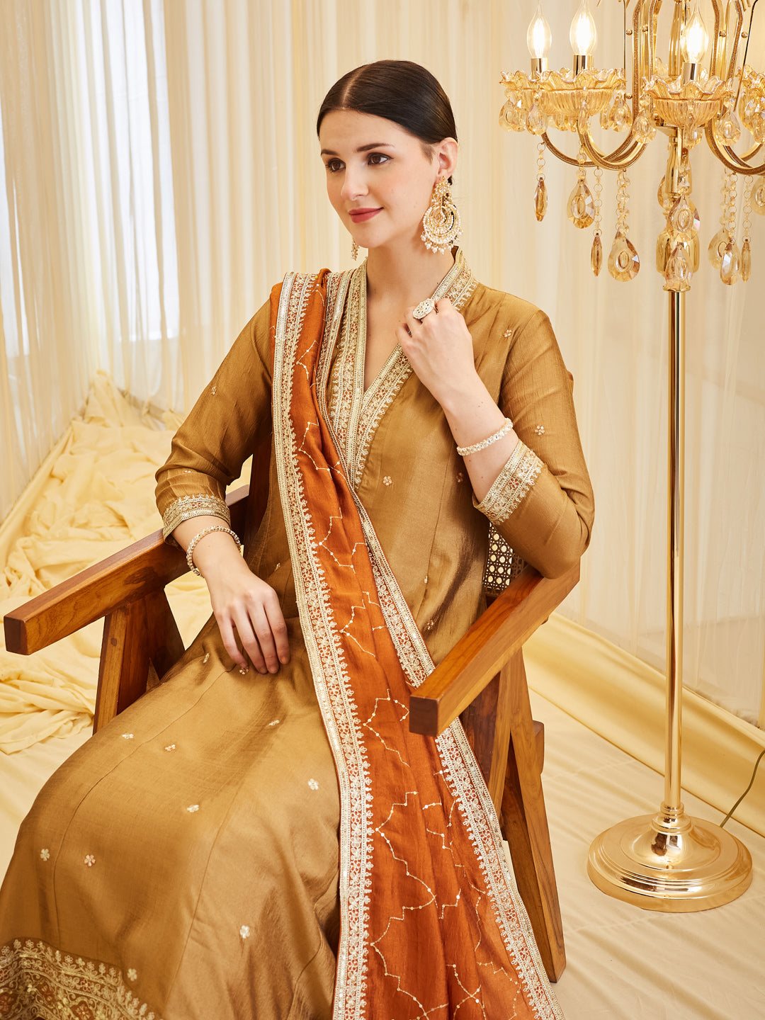 Golden Embroidered Silk Anarkali Suit Set With Dupatta for Women