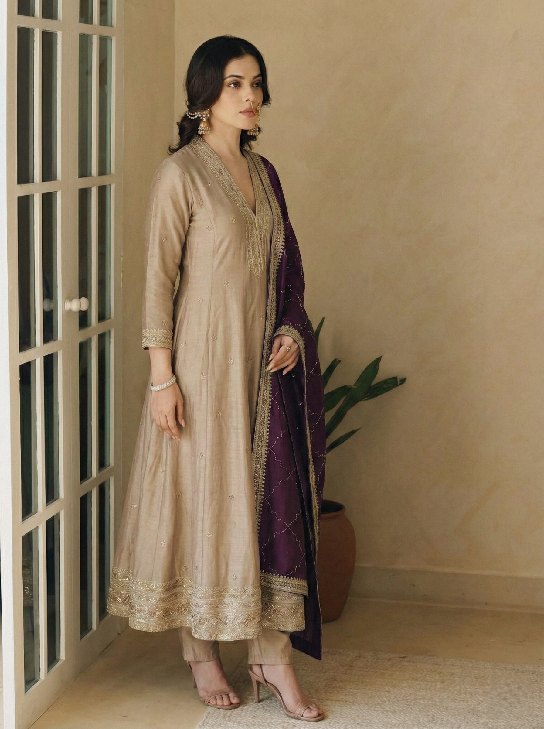 Grey Embroidered Silk Anarkali Kurta With Purple Dupatta Set