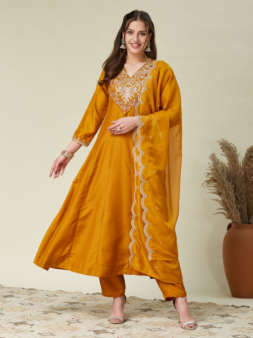 Mustard Embroidered Chinon Anarkali Kurta With Dupatta Set