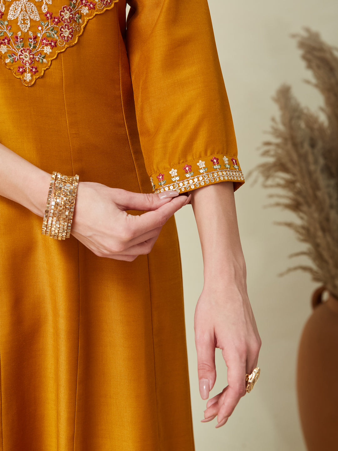 Mustard Embroidered Chinon Anarkali Kurta With Dupatta Set