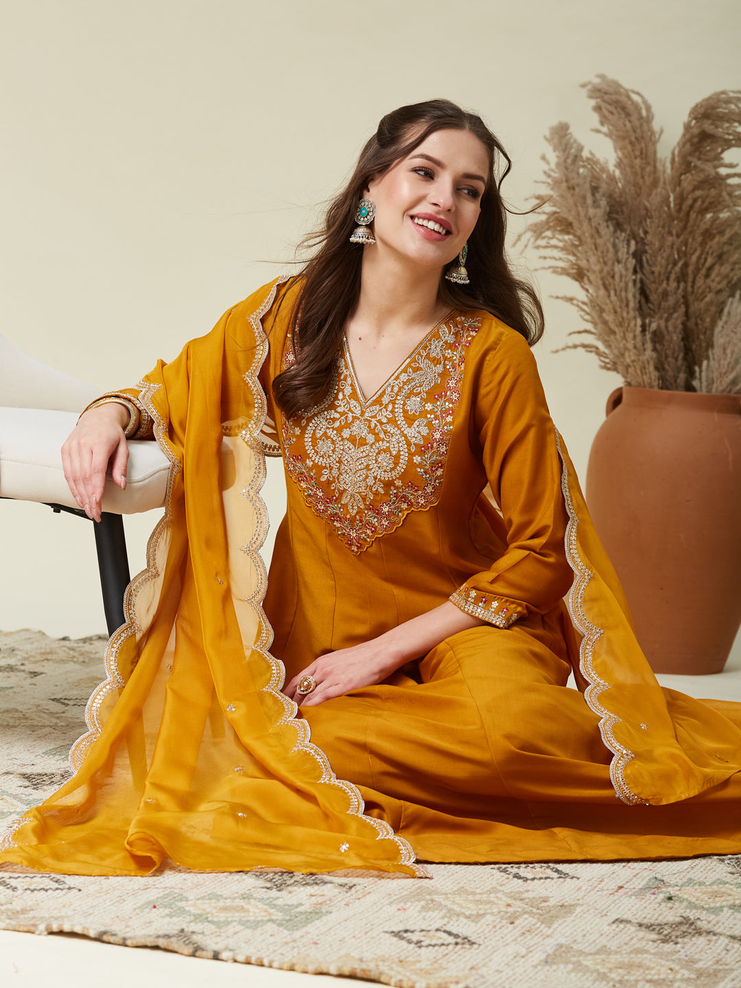 Mustard Embroidered Chinon Anarkali Kurta With Dupatta Set
