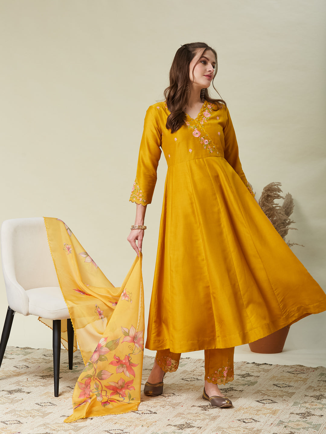 Mustard Embroidered Silk Blend Anarkali Kurta with Dupatta set
