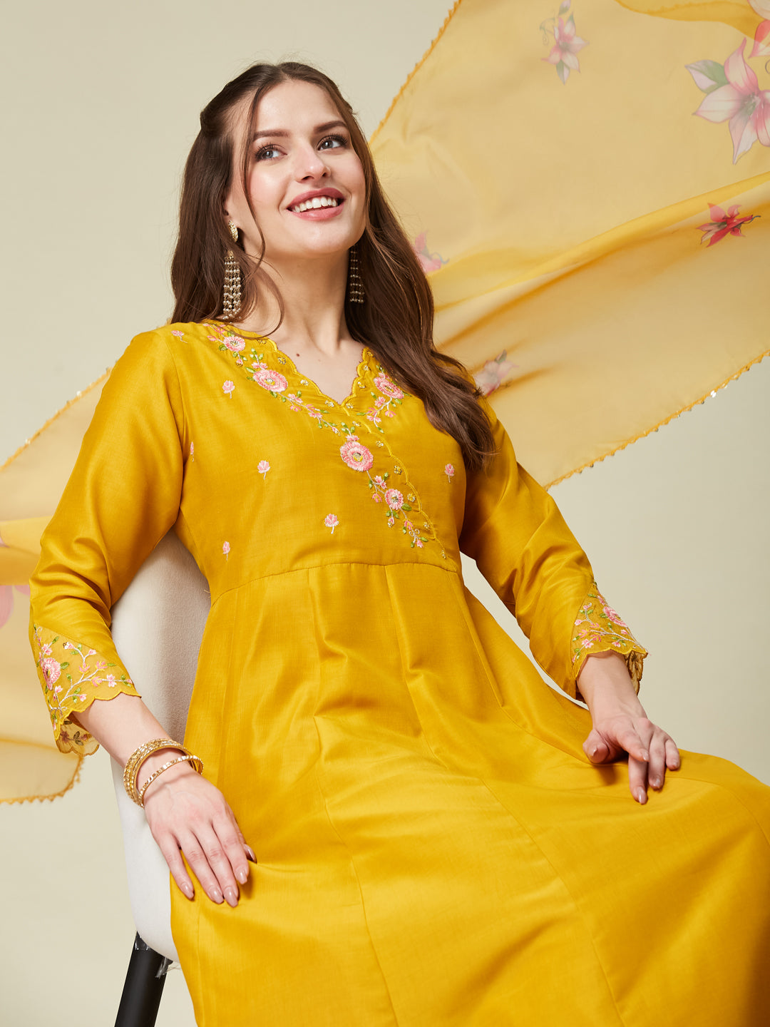 Mustard Embroidered Silk Blend Anarkali Kurta with Dupatta set