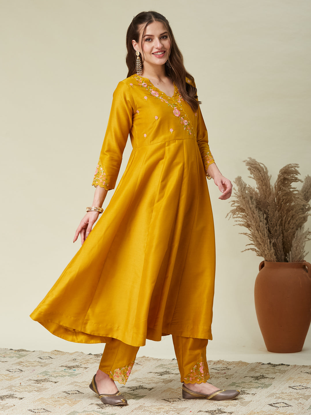 Mustard Embroidered Silk Blend Anarkali Kurta with Dupatta set