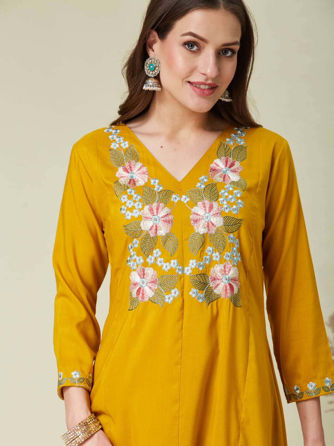 Mustard Embroidered Chinon A line Kurta With Dupatta Set