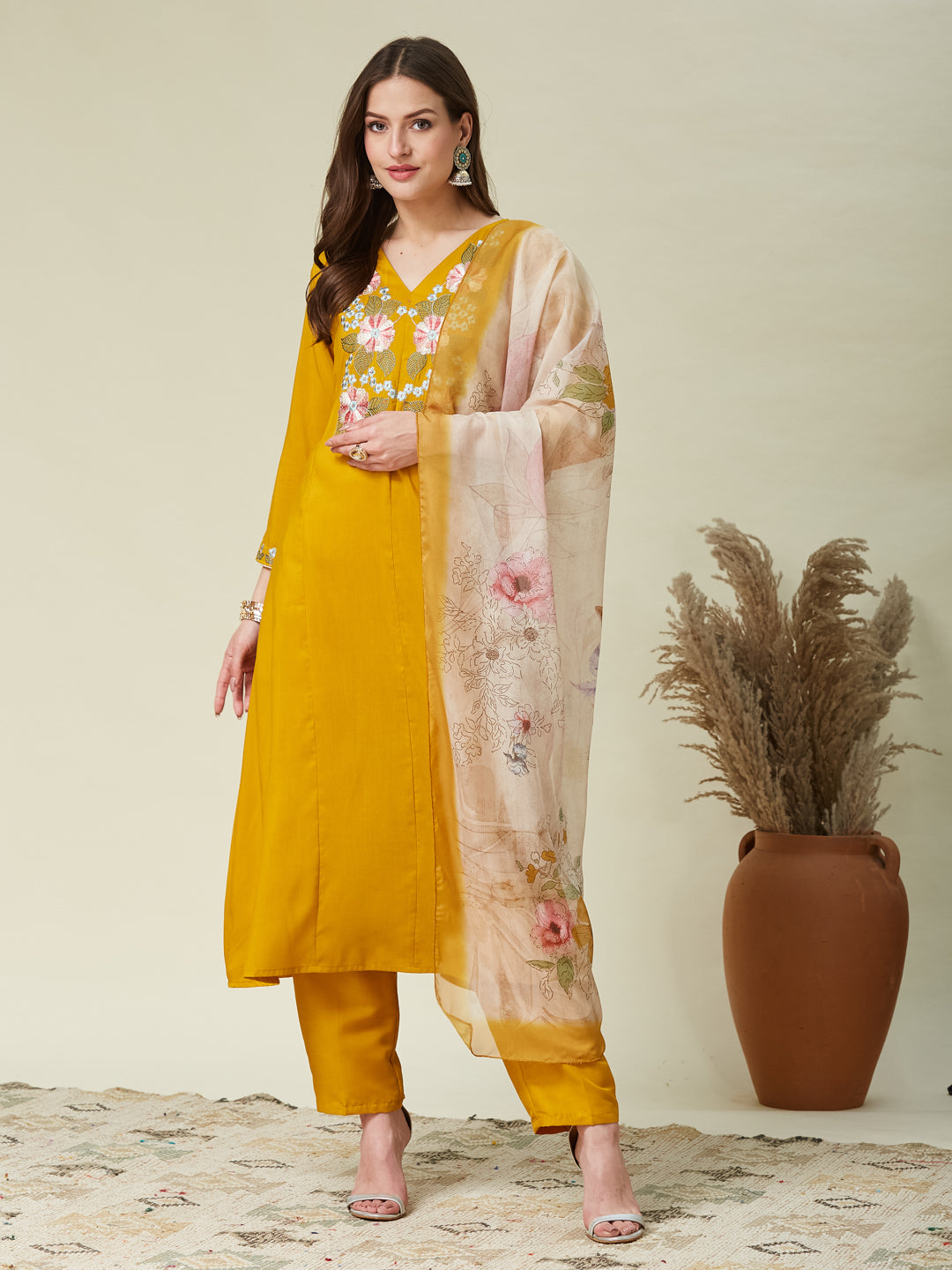 Mustard Embroidered Chinon A line Kurta With Dupatta Set