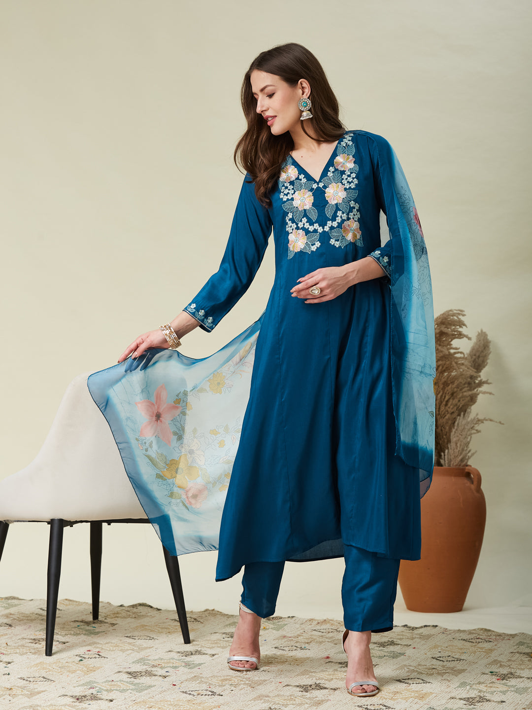 Teal Blue Embroidered Chinon A line Kurta With Dupatta Set