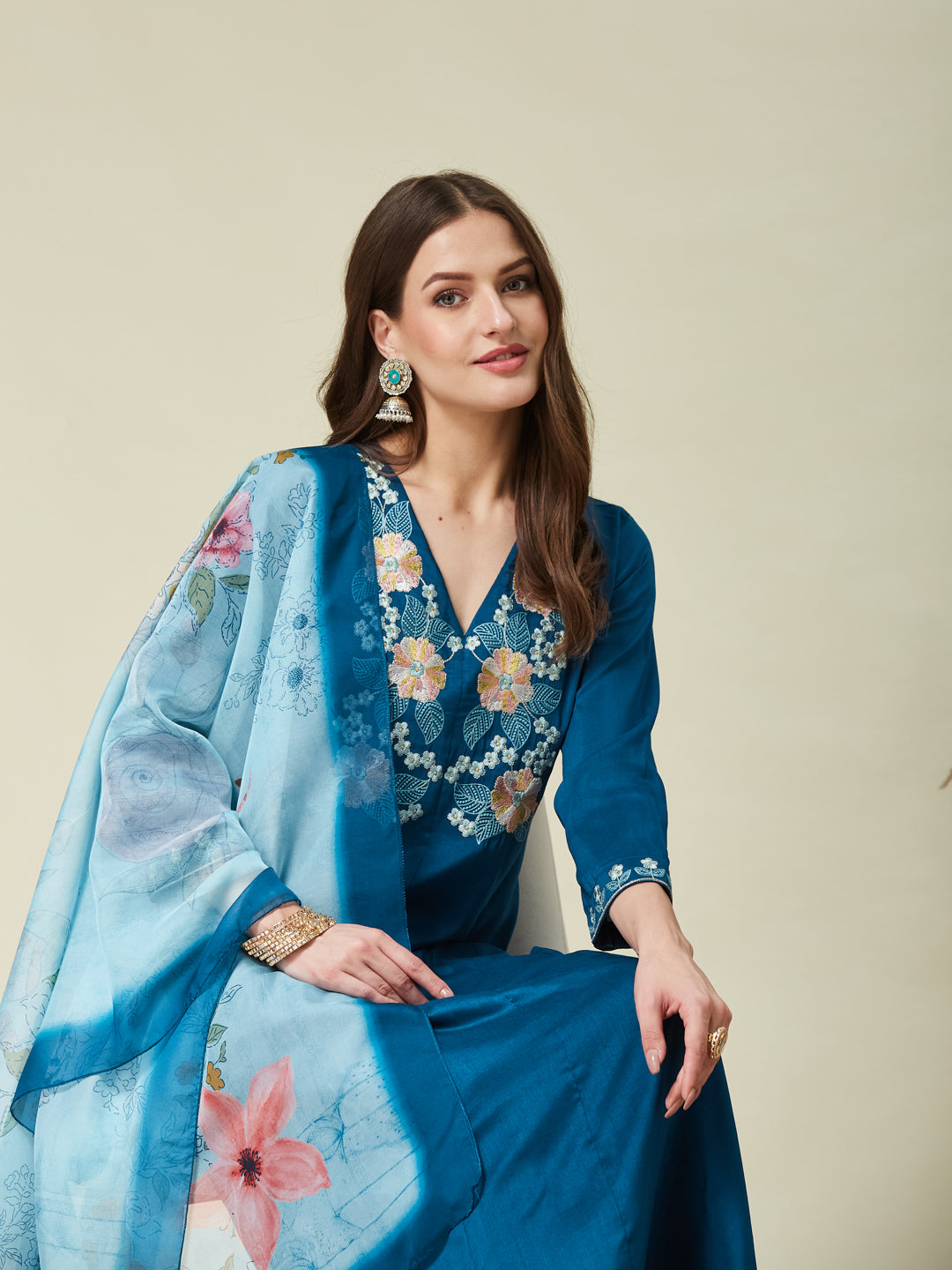 Teal Blue Embroidered Chinon A line Kurta With Dupatta Set