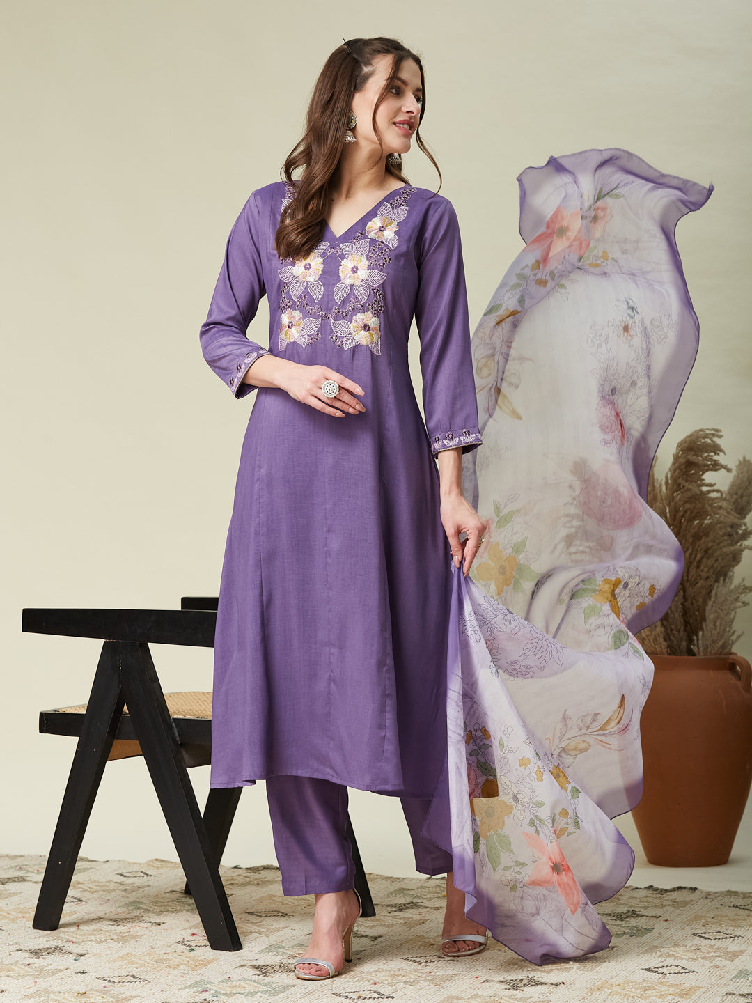 Purple Embroidered Chinon A line Kurta With Dupatta Set