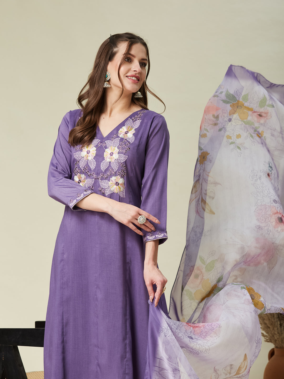 Purple Embroidered Chinon A line Kurta With Dupatta Set