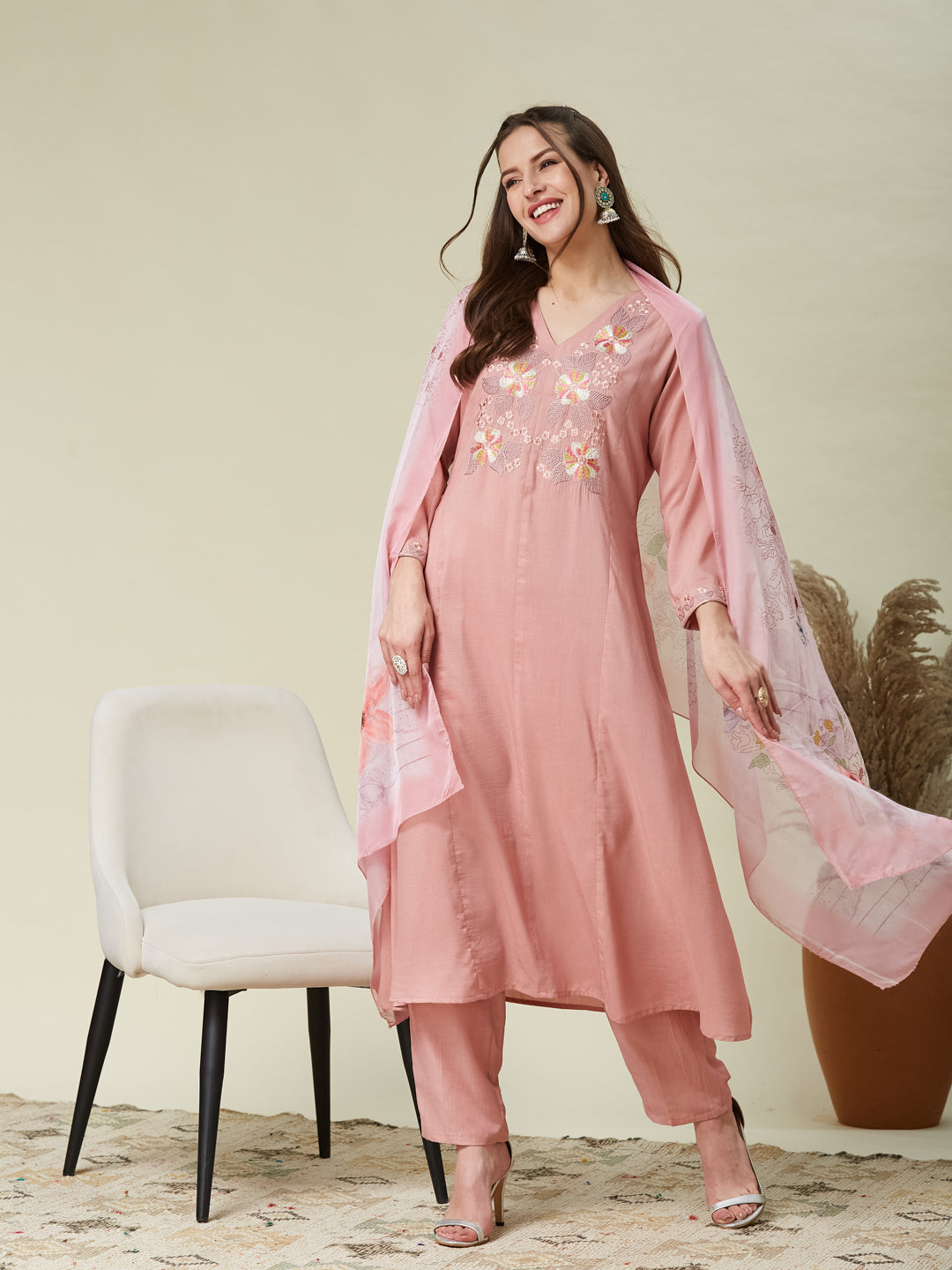 Pink Embroidered Chinon A line Kurta With Dupatta Set
