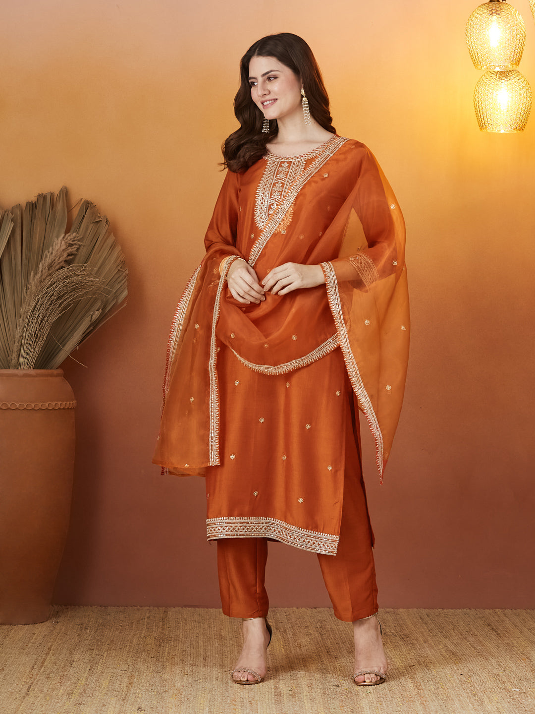 Orange Chinon solid Embroidered Kurta set with dupatta for women
