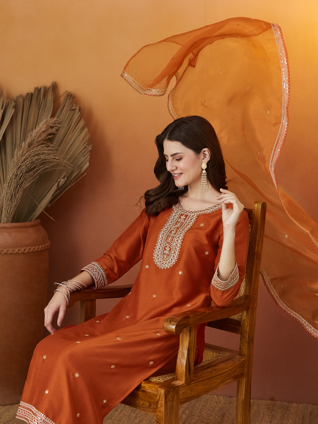 Orange Chinon solid Embroidered Kurta set with dupatta for women