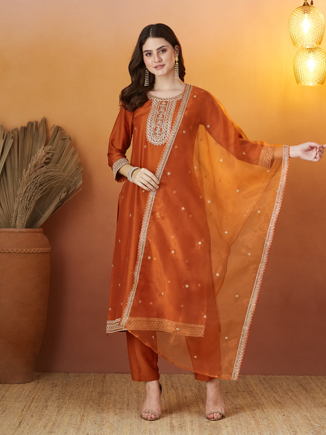 Orange Chinon solid Embroidered Kurta set with dupatta for women