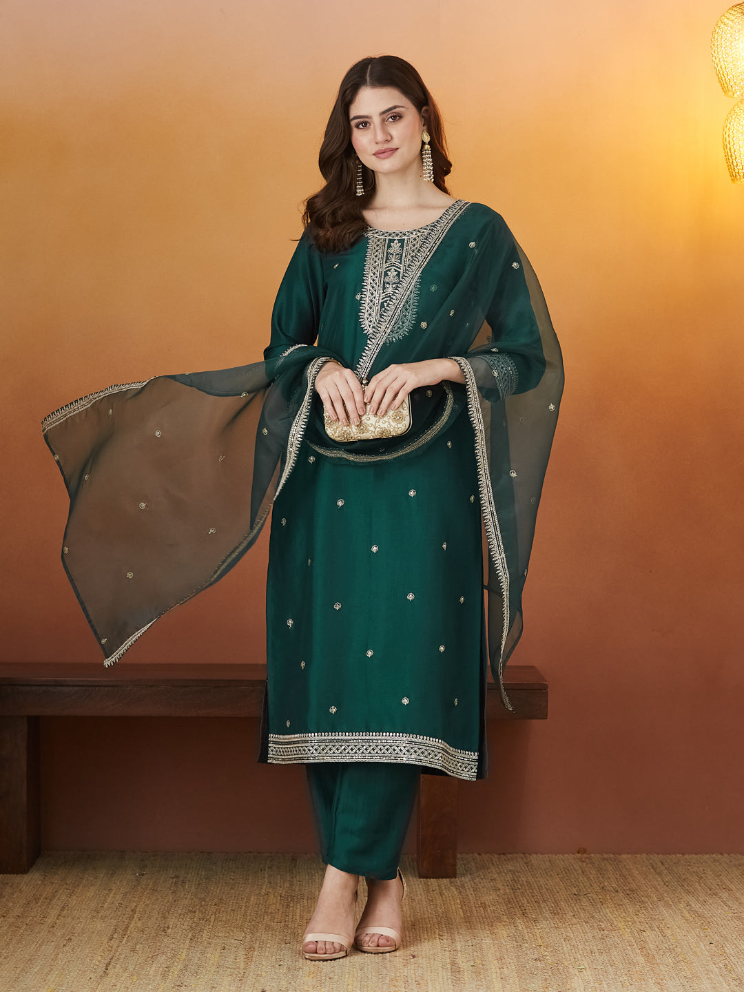 Bottle Green Chinon solid Embroidered Kurta set with dupatta for women
