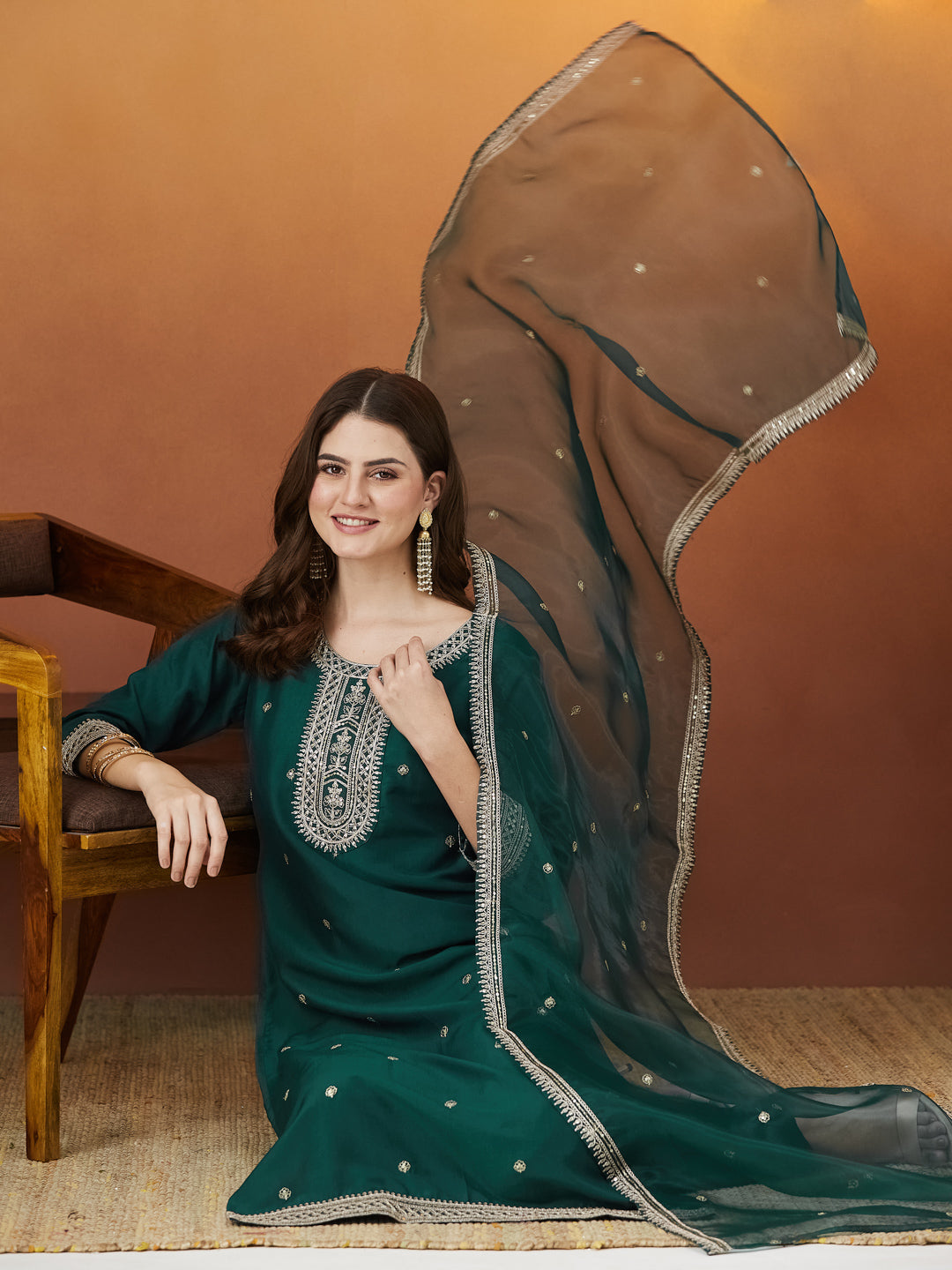 Bottle Green Chinon solid Embroidered Kurta set with dupatta for women