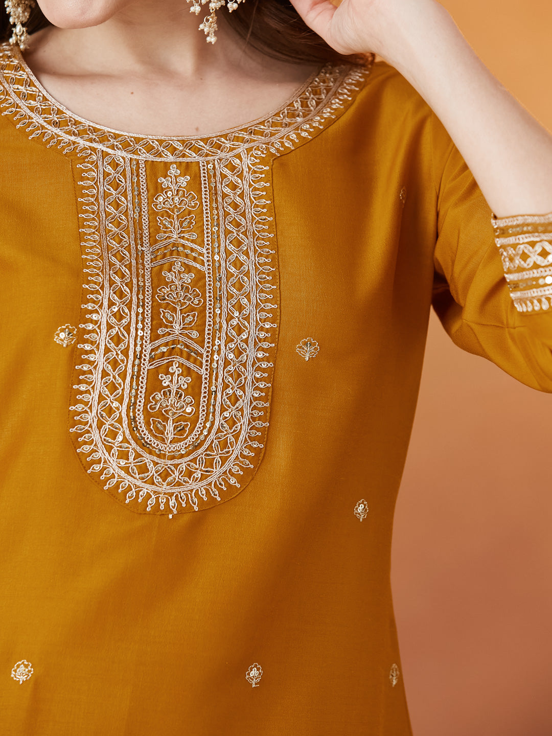 Dark Mustard Chinon solid Embroidered Kurta set with dupatta for women