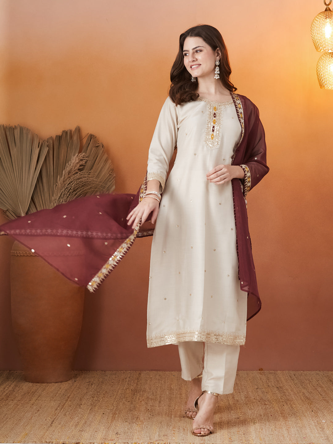 Cream Embroidered chinon kurta with dupatta set