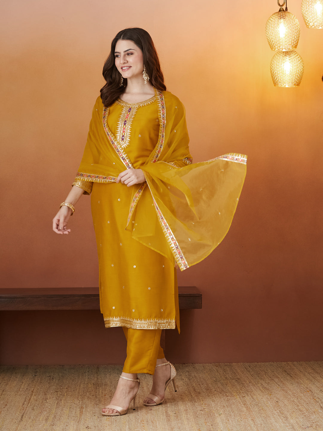Mustard Embroidered chinon kurta with dupatta set