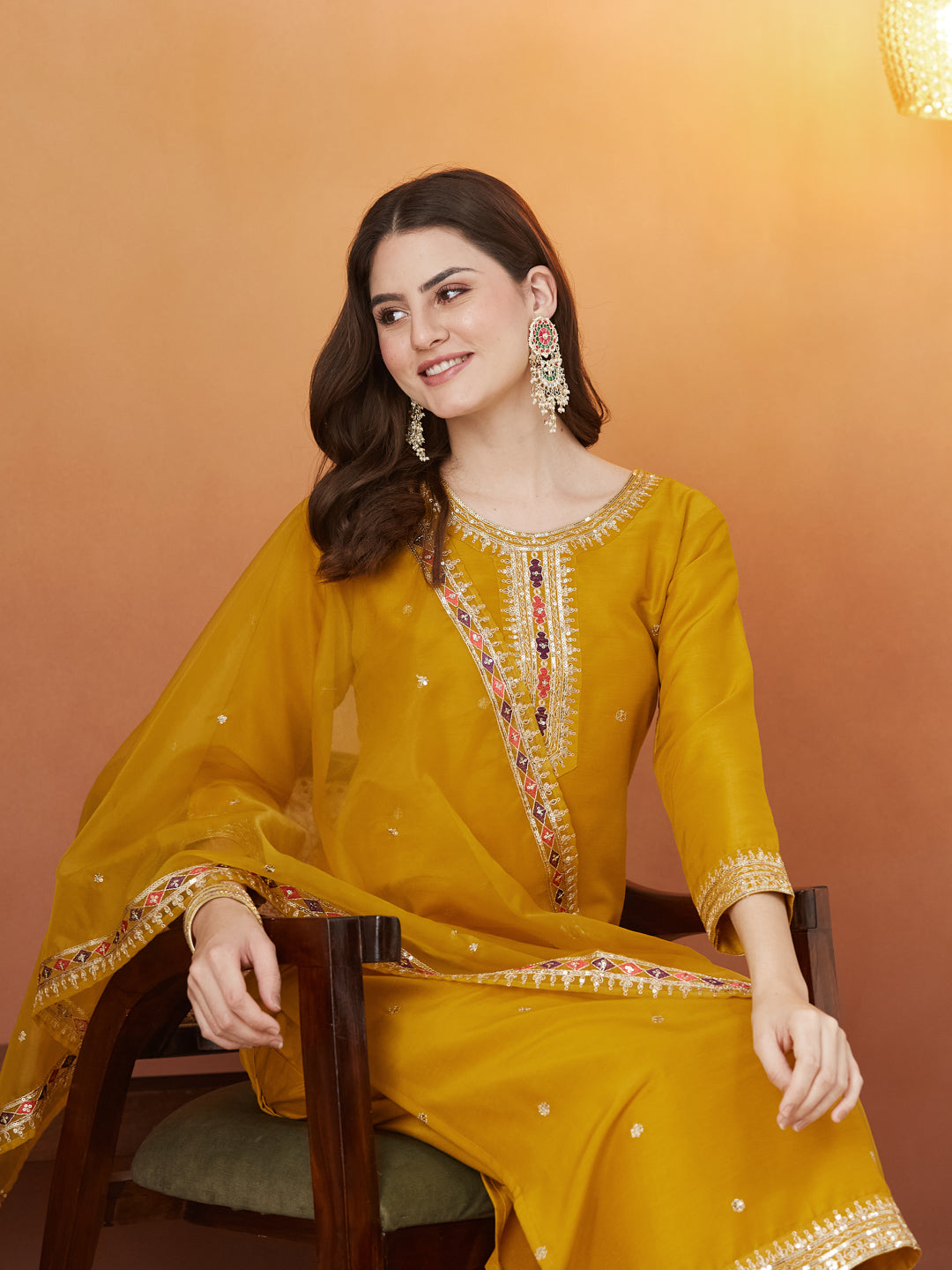 Mustard Embroidered chinon kurta with dupatta set
