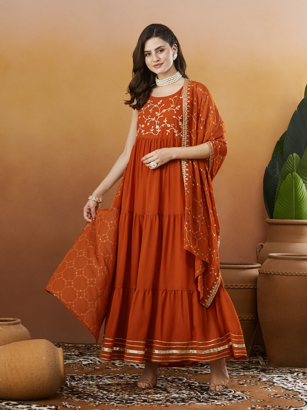 Orange Embroidered Tiered Anarkali Kurta with Dupatta set