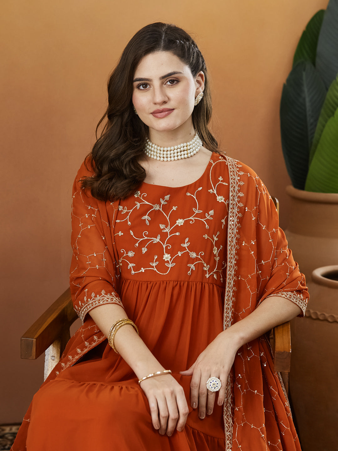 Orange Embroidered Tiered Anarkali Kurta with Dupatta set