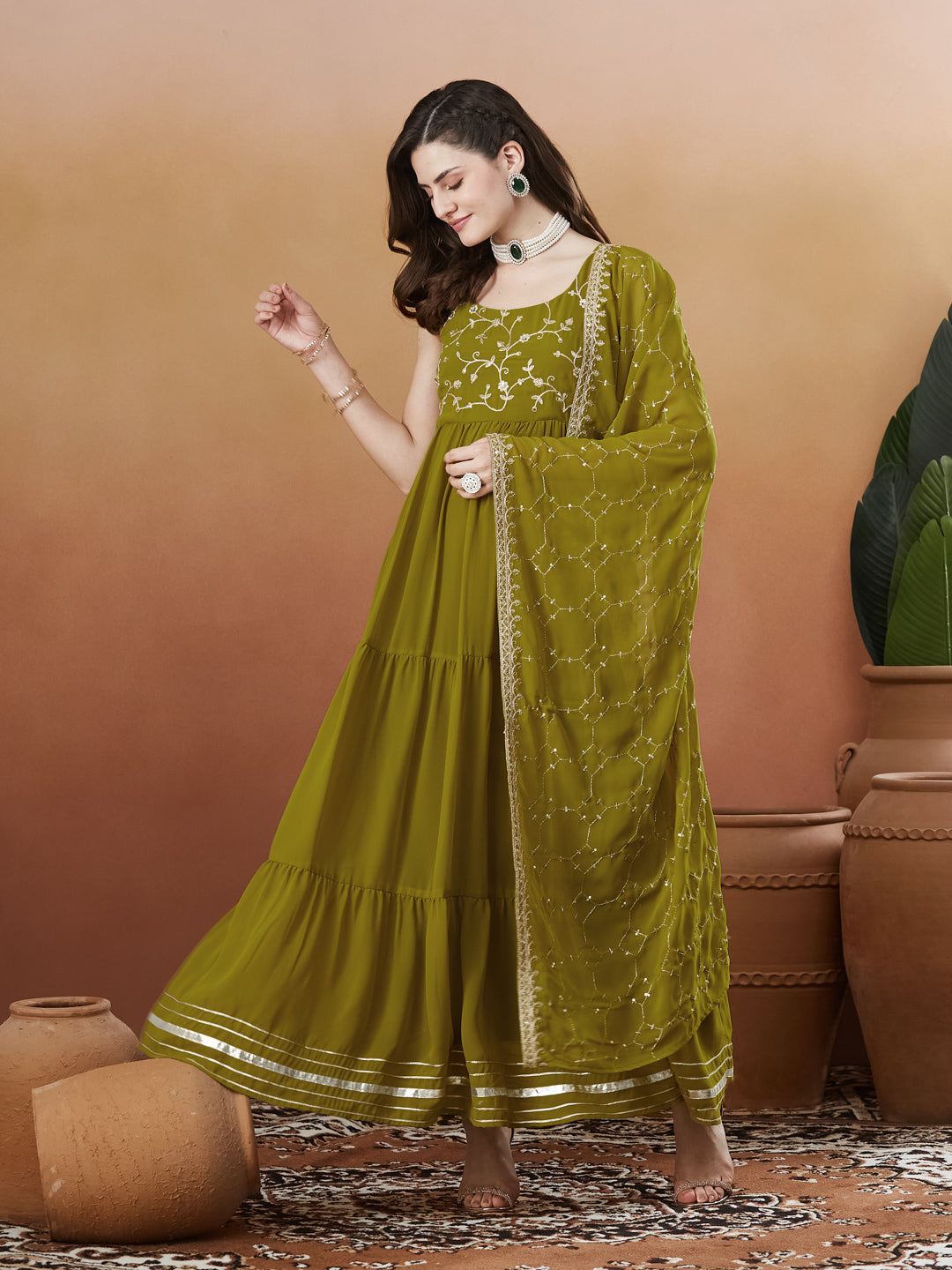 Green Embroidered Tiered Anarkali Kurta with Dupatta set