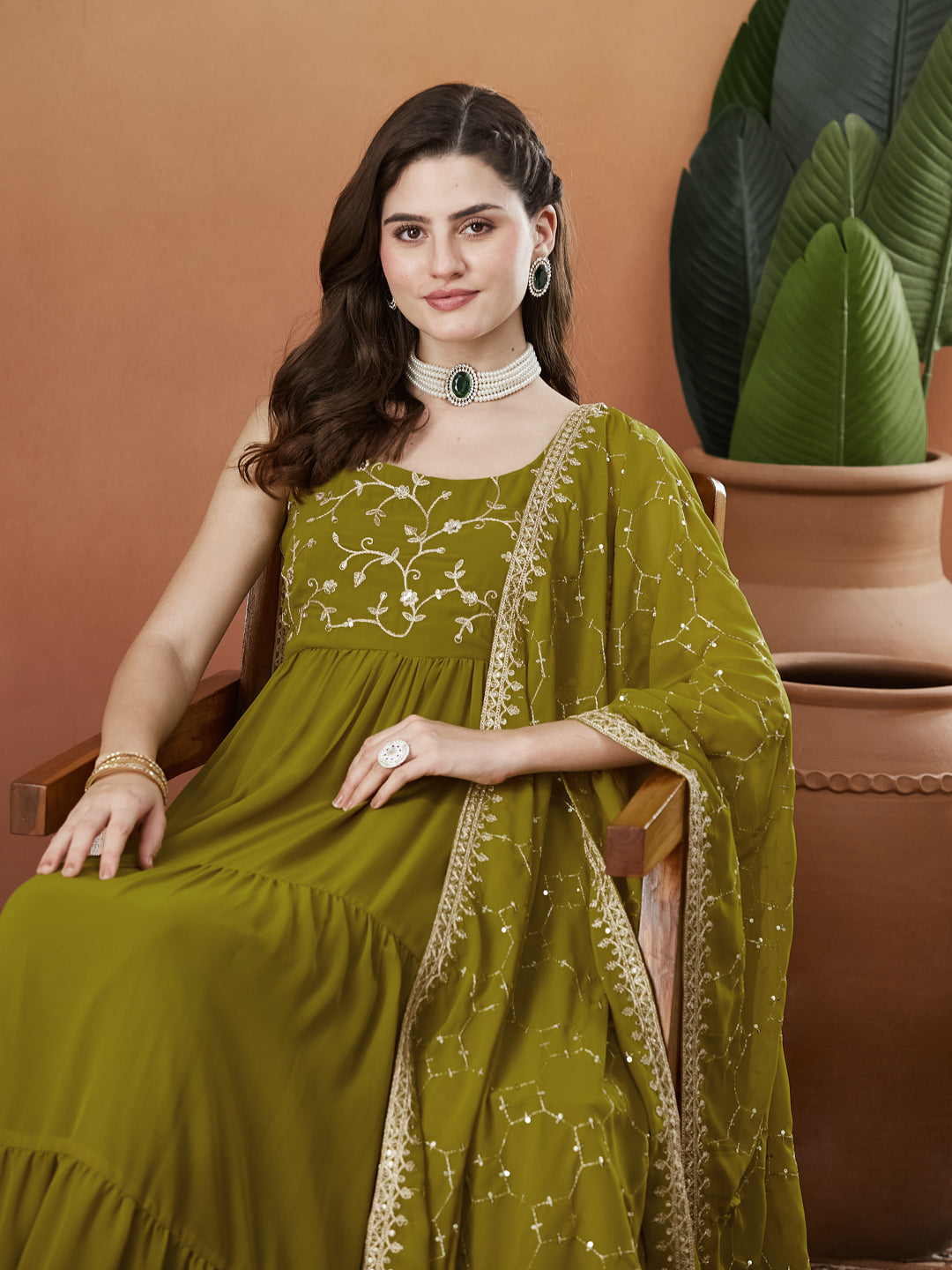 Green Embroidered Tiered Anarkali Kurta with Dupatta set
