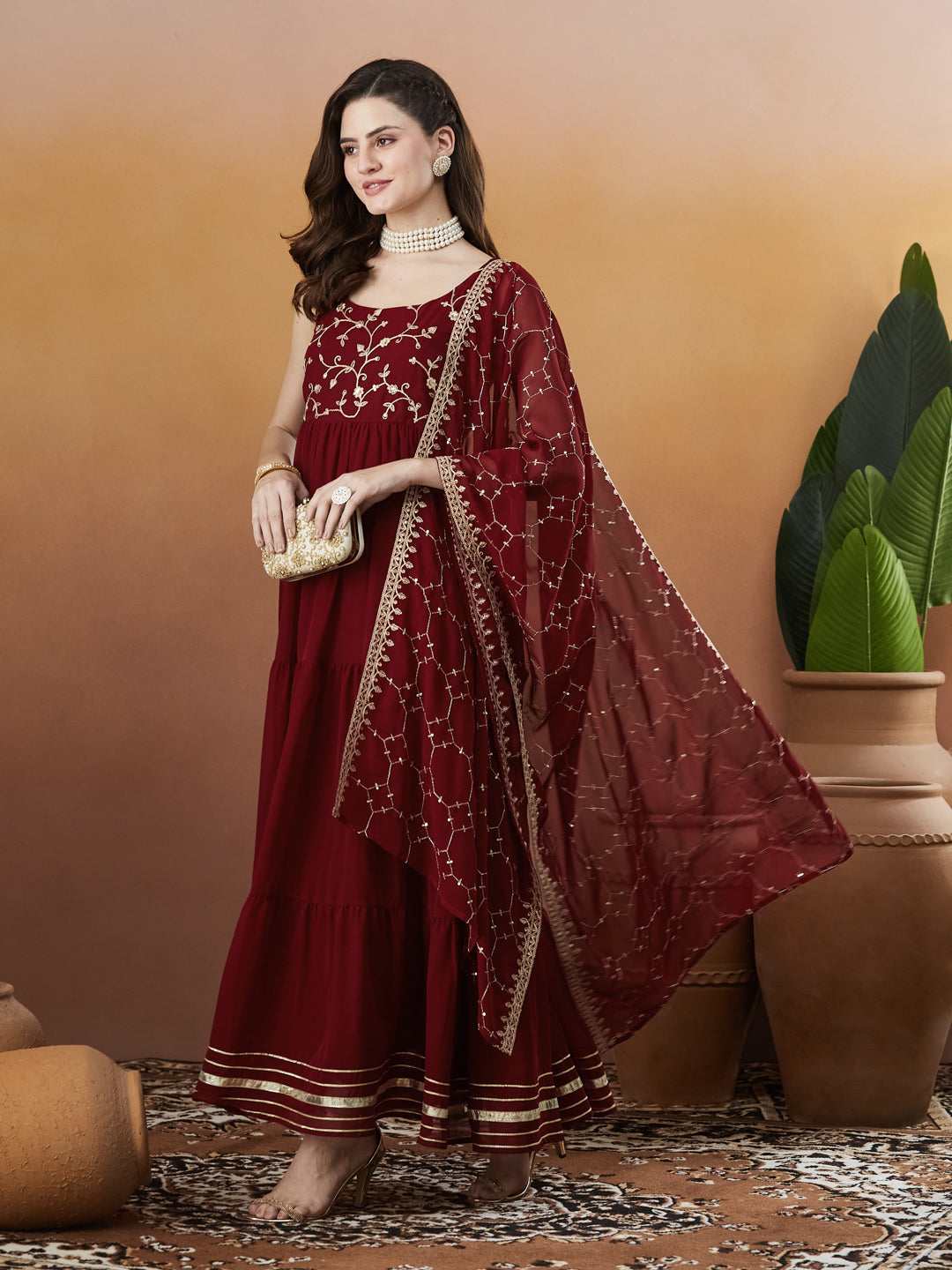 Red Embroidered Tiered Anarkali Kurta with Dupatta set