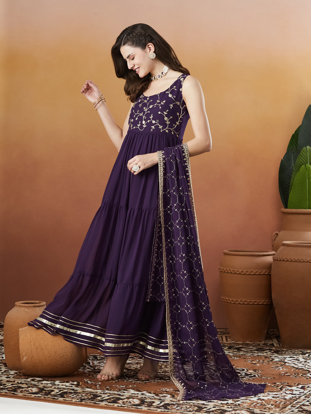 Violet Embroidered Tiered Anarkali Kurta with Dupatta set